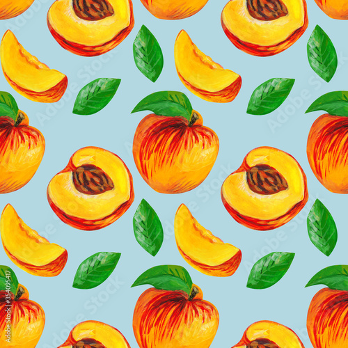 Fototapeta Naklejka Na Ścianę i Meble -  Peaches with half and leaves on a light blue background. Fruit seamless pattern design for wallpaper, paper, textile, fabric.