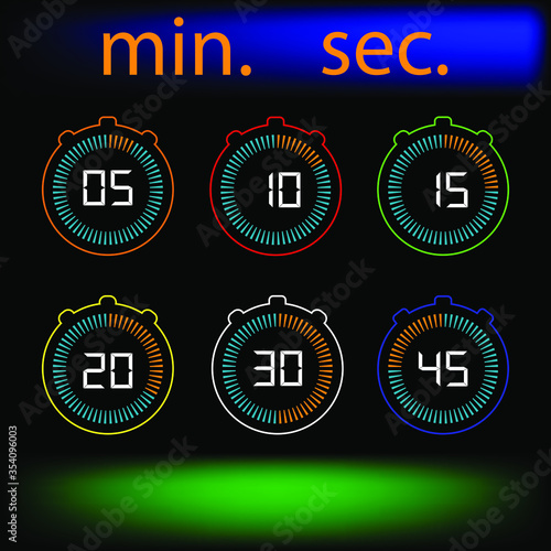 Set of icons. Stopwatch timer or digital countdown with vector minutes and seconds on display. Black background.