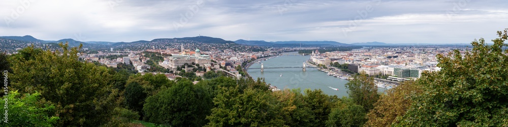 Panoramic view of the city of Budapest from the Citadel on Mount Gellert where you can see the Buda Castle or the Chain Bridge among others, Budapest, Hungary