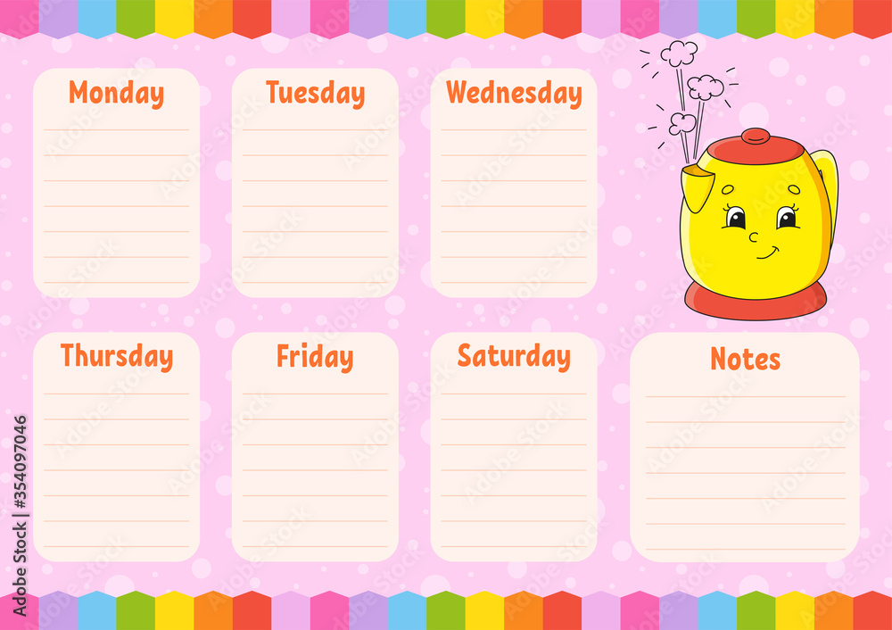 School schedule. Timetable for schoolboys. Empty template. Weekly planer with notes. Isolated color vector illustration. Cartoon character. School schedule. Timetable for schoolboys. Empty template. Weekly planer with notes. Isolated color vector illustration. Cartoon character.