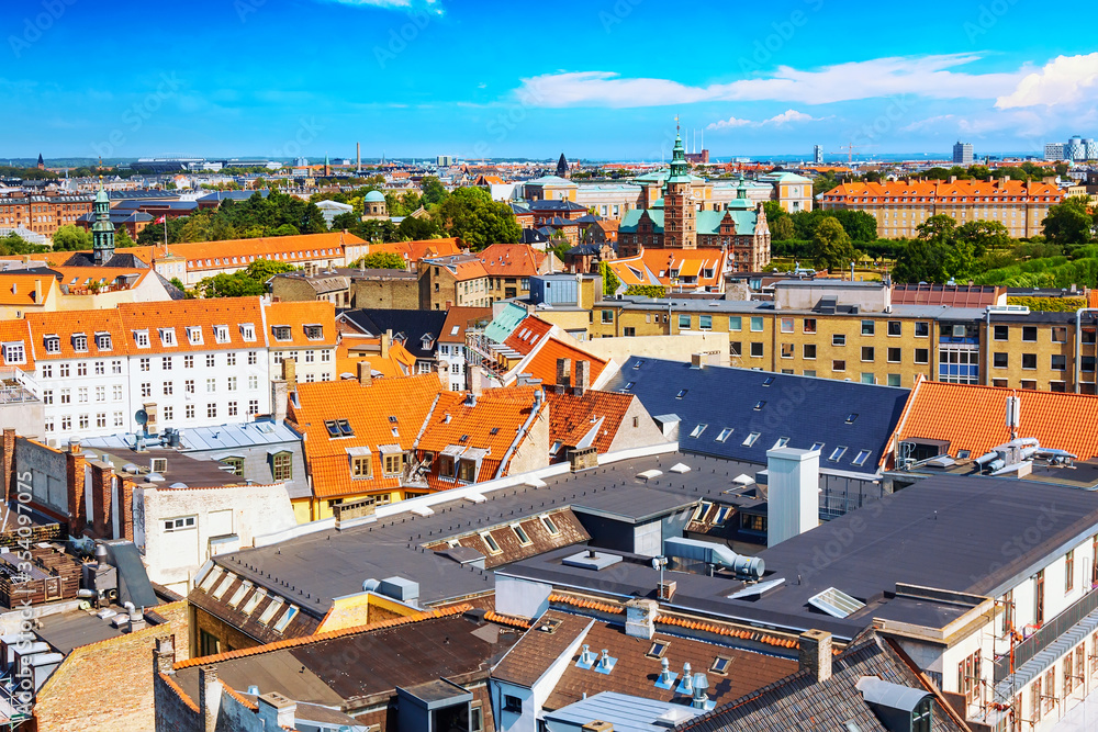 Beautiful aerial view of Copenhagen, Denmark from top of the round tower. Summer sunny day.