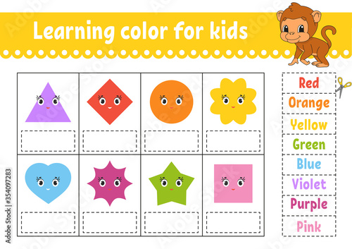 Learning color for kids. Education developing worksheet. Activity page with color pictures. Riddle for children. Isolated vector illustration. Funny character. Cartoon style.
