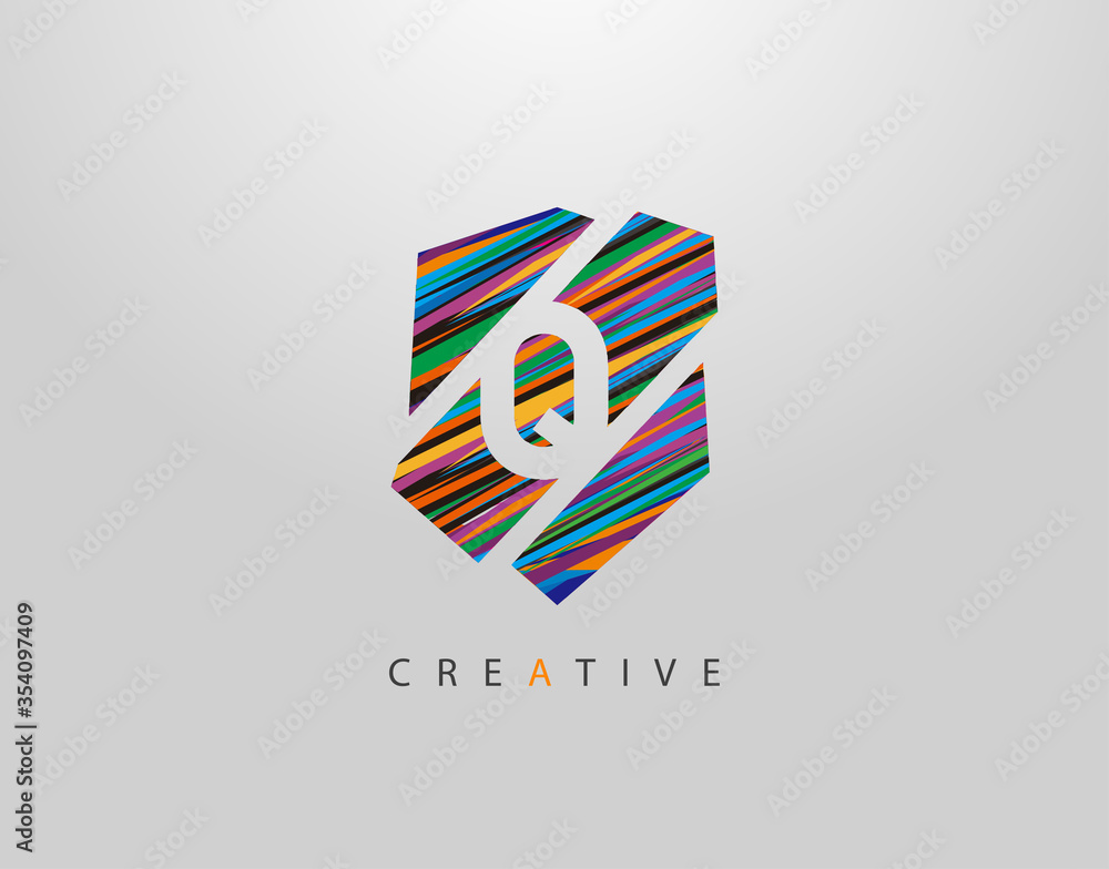 Art Shield Q Letter Logo. Creative Modern Abstract Geometric Icon Design, made of various colorful pop art strips shapes Art Shield Q Letter Logo. Creative Modern Abstract Geometric Icon Design, made of various colorful pop art strips shapes