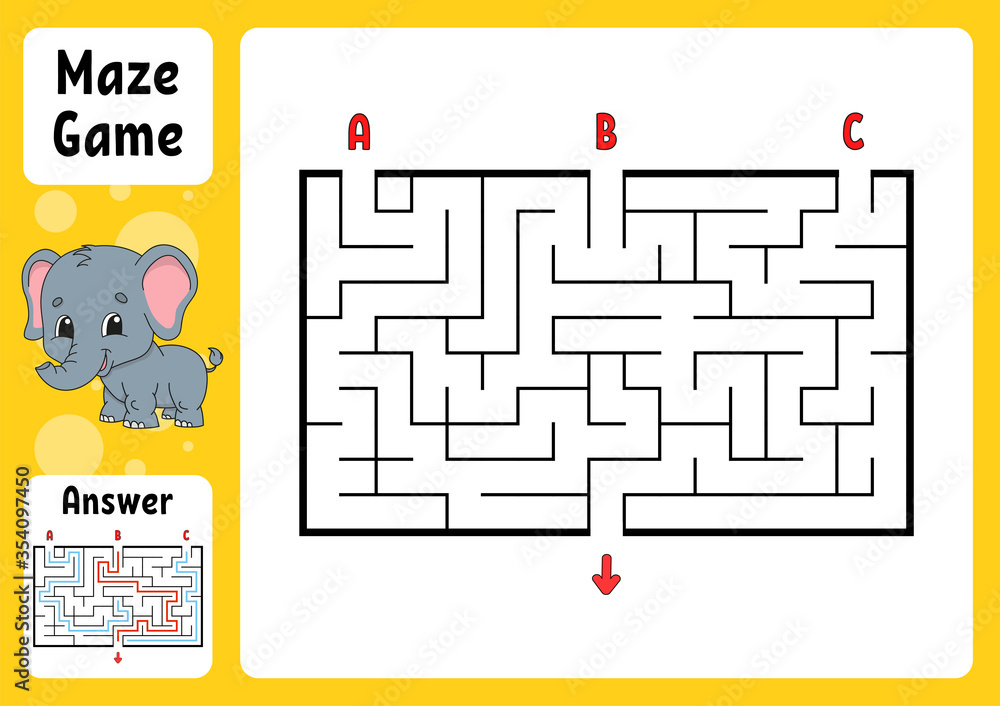 Rectangle maze. Game for kids. Three entrances, one exit. Puzzle for