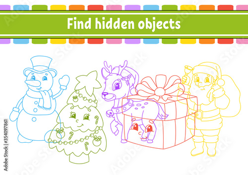 Find hidden object. Education developing worksheet. Activity page with pictures. Color contour. Logical thinking training. Isolated vector illustration. Funny character. Cartoon style.