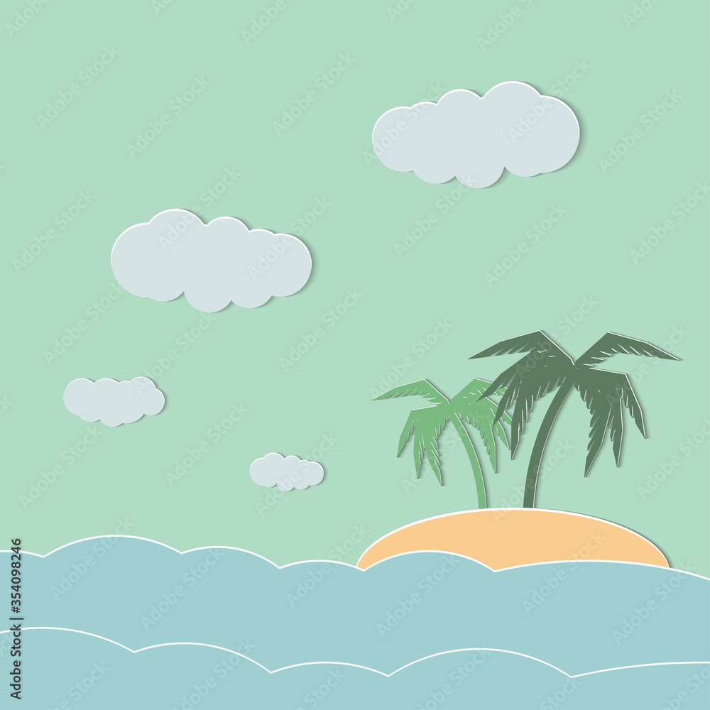 beach with waves and blue sky. Tropical landscape with beach. sea and palm trees. Vector illustration