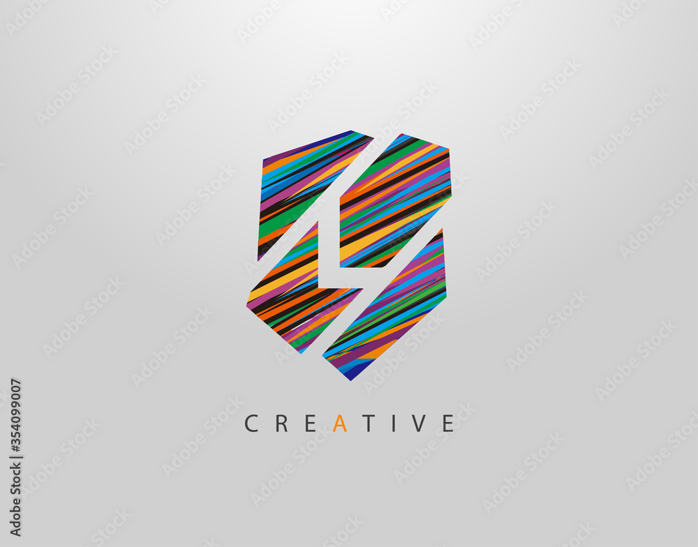 Obraz premium Art Shield L Letter Logo. Creative Modern Abstract Geometric Icon Design, made of various colorful pop art strips shapes