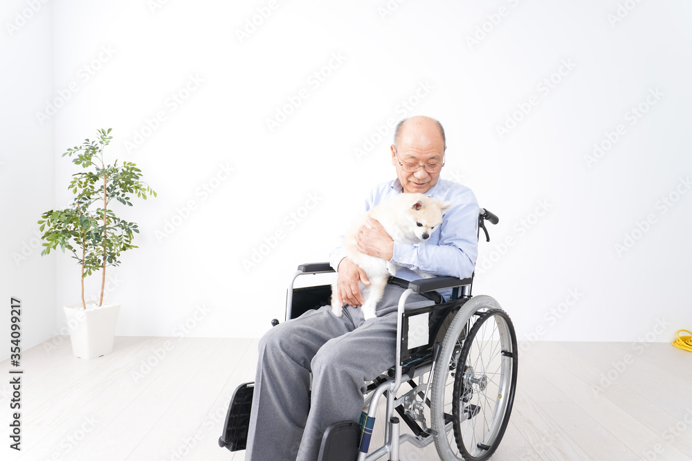 犬を飼う車椅子に乗った高齢の男性 犬を飼う車椅子に乗った高齢の男性