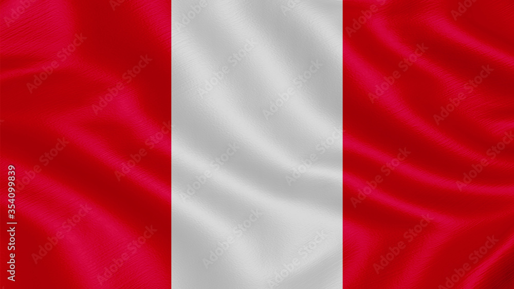 Flag of Peru. Realistic waving flag 3D render illustration with highly detailed fabric texture.