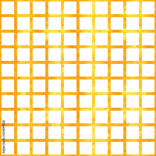 Simple square tartan abstract seamless pattern. Watercolor gold texture on white. Perfect for wraping paper, gift box, fabric, textile, print, packaging, holiday crockery, festive and other design