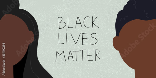 Racism concept. Web banner with young afro american people and text Black lives matter. Idea of demonstration for racial equality. Flat vector illustration