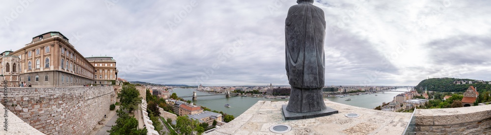 Panoramic view of the city of Budapest from the Mirador of the Buda Castle located where the Virgin Mary Statue, Budapest, Hungary