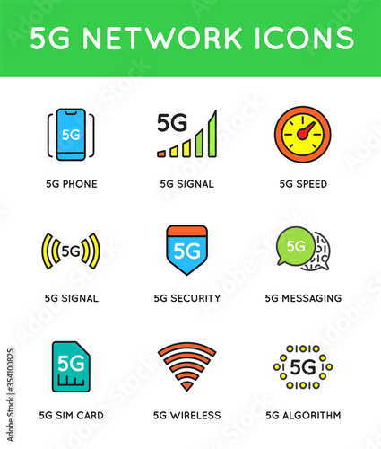 Simple line stroke vector icon set,new 5th generation mobile network 5G, high speed connection wireless systems.
