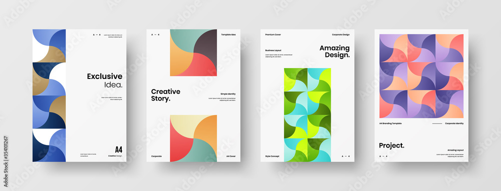 Fototapeta premium Company identity brochure template collection. Business presentation vector A4 vertical orientation front page mock up set. Corporate report cover abstract geometric illustration design layout bundle.