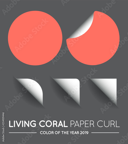 Trendy Color Coral Vector Round Circle with Paper Curl with Shadow Isolated Set.