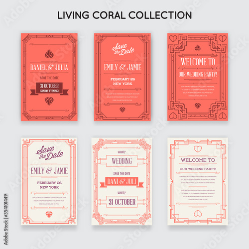 Set of Great Quality Style Invitation in Art Deco or Nouveau Epoch 1920's Gangster Era Collection. Trendy Coral Color.