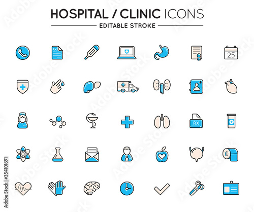 Outline colorful icons set. Hospital clinic and medical care. Editable stroke. Vector.