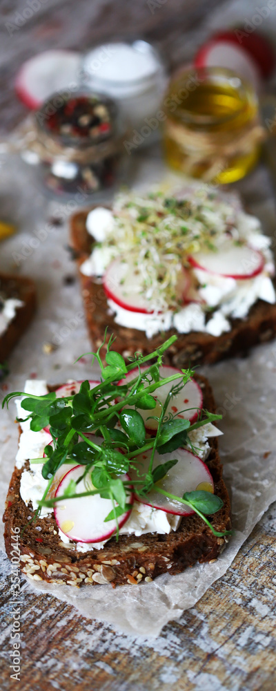 Open sandwiches with white cheese, radish and microgreens. Healthy toast for breakfast or snack.
