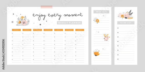 Weekly planner with motivation phrase and hand drawn elements. Enjoy every moment. Wish list  to do list. Set of stationery digital prints. Follow your dreams. Flat lay  organizer mock up
