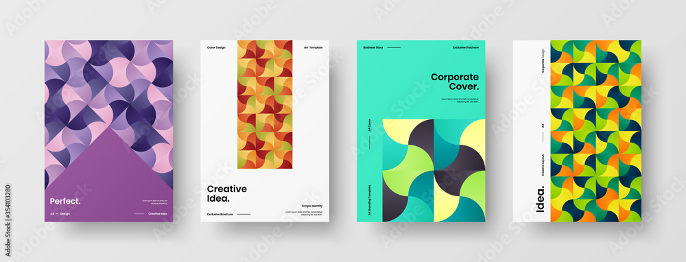 Fototapeta premium Company identity brochure template collection. Business presentation vector A4 vertical orientation front page mock up set. Corporate report cover abstract geometric illustration design layout bundle.