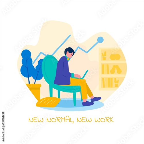 Wallpaper Mural A man sit on sofa work with his laptop during new normal phase illustration. new normal, new work Torontodigital.ca