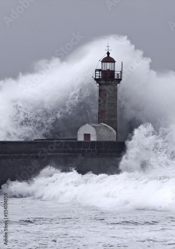 10 Meters Big Waves Over the "Felgueiras" Lighthouse in Oporto, Portugal.