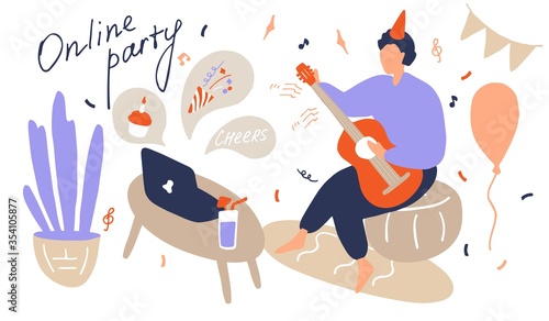 Man plays the guitar during an online party. Virtual birthday party, video call. Modern lifestyle, online life. Flat doodle vector illustration