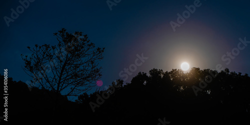 Moon over the hill covered with jungle. Night shot. Stock photo.