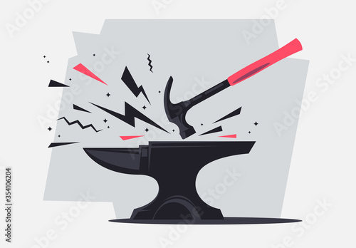 Vector illustration of a metal anvil with a hammer with sparks, tools for a blacksmith