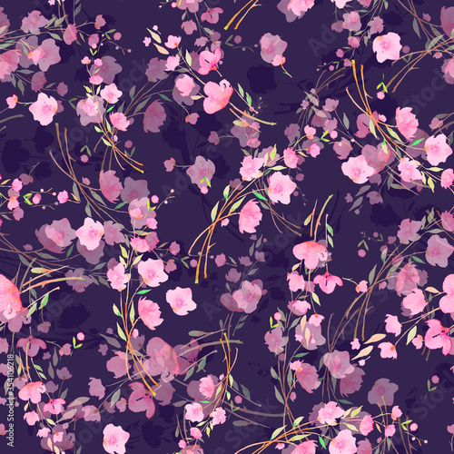 Pink cherry flowers on a dark purple background  sakura  seamless watercolor pattern.