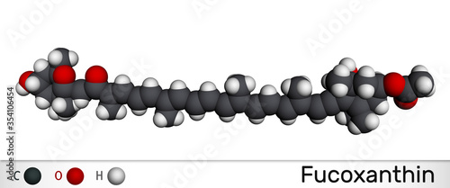 Fucoxanthin, C42H58O6, xanthophyll molecule. It has anticancer, anti-diabetic, anti-oxidative, neuroprotective properties. Molecular model photo