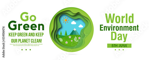 World environment day concept. 3d paper cut eco friendly design. Green earth , Renewable energy for ecology and environment conservation concept paper art design. Vector illustration. 