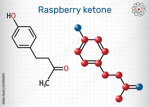 Raspberry ketone, frambinone, rheosmin , C10H12O2 molecule. It is natural phenolic compound and food additive. Structural chemical formula and molecule model. Sheet of paper in a cage