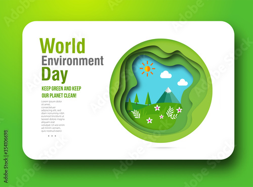 World environment day concept. 3d paper cut eco friendly design. Green earth , Renewable energy for ecology and environment conservation concept paper art design. Vector illustration. 