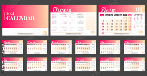 Calendar 2021. Set Desk Calendar template design suitable for company, spiral calendar. Week Starts on Sunday. Set of 12 Months.