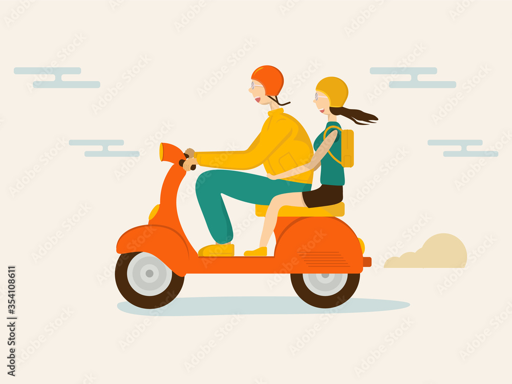 A happy couple guy and girl riding a scooter moped. Flat vector illustration for dating app or travel adventure website. A happy couple guy and girl riding a scooter moped. Flat vector illustration for dating app or travel adventure website.