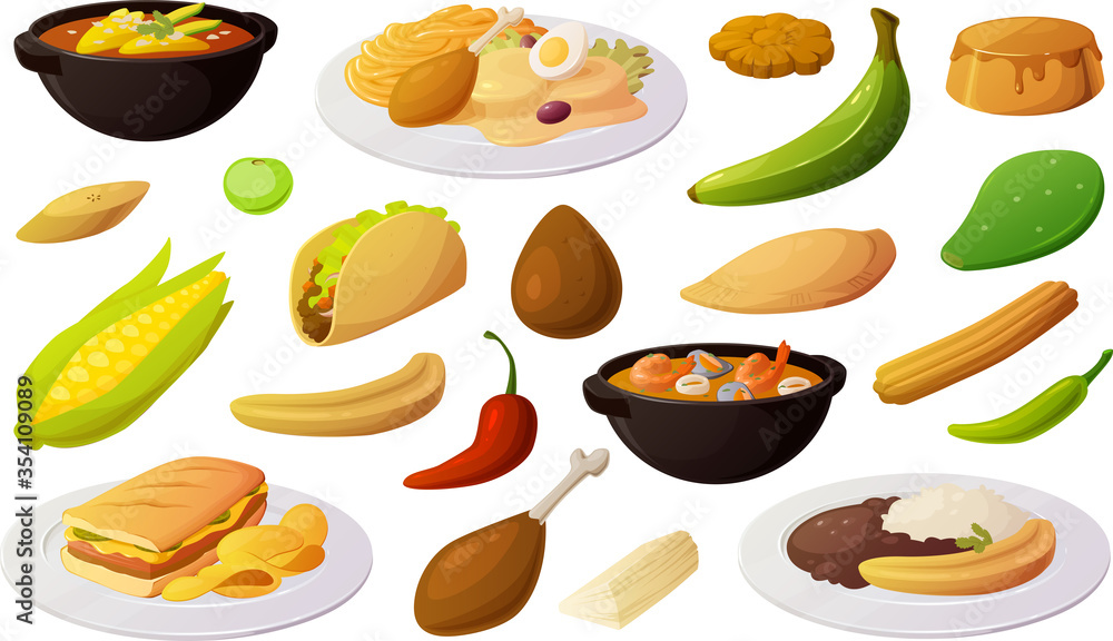Vector illustration of various South American, Latin American and Central American traditional typical food dishes isolated on white background.
