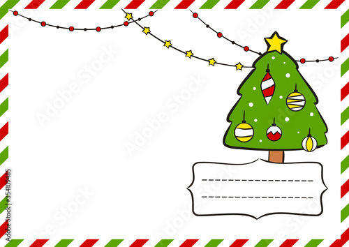 New Year's postcard. New Year greeting card template for sending. Christmas decor. Vector illustration on the theme of air mail and the new year. Christmas tree with garlands.