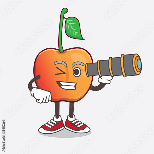 Royal Ann Cherry cartoon mascot character using a monocular