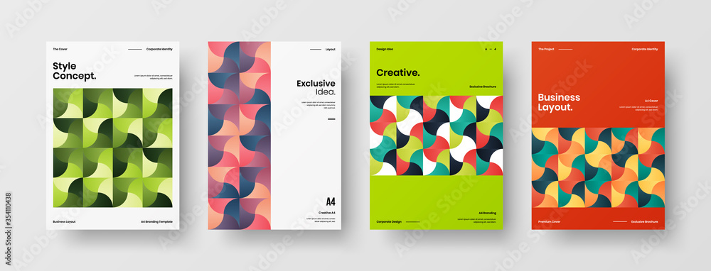 Fototapeta premium Company identity brochure template collection. Business presentation vector A4 vertical orientation front page mock up set. Corporate report cover abstract geometric illustration design layout bundle.