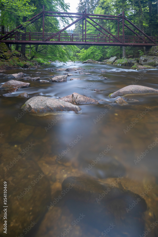 Paseracka lavka brige on the Divoka Orlice river in Zemska brana nature reserve, Orlicke mountains, Eastern Bohemia, Czech Republic Paseracka lavka brige on the Divoka Orlice river in Zemska brana nature reserve, Orlicke mountains, Eastern Bohemia, Czech Republic