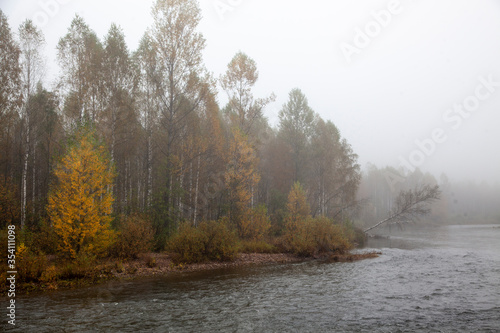 The colors of autumn. Golden autumn on a mountain river in Bashkortostan. Early morning, fog.