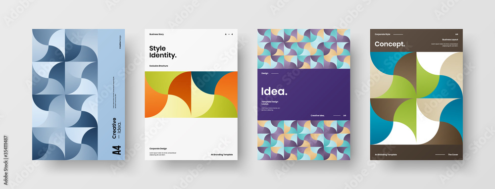 Fototapeta premium Company identity brochure template collection. Business presentation vector A4 vertical orientation front page mock up set. Corporate report cover abstract geometric illustration design layout bundle.