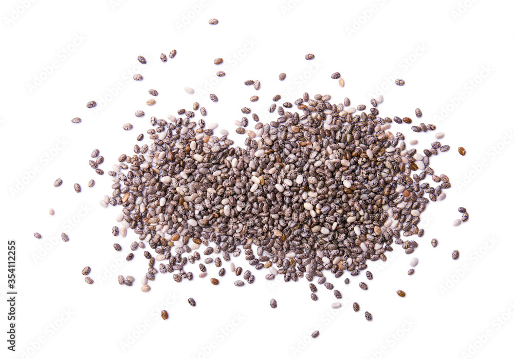 Heap of chia seeds isolated on white background. Top view of of modern superfood. Healthy food concept Heap of chia seeds isolated on white background. Top view of of modern superfood. Healthy food concept