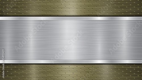 Background of golden perforated metallic surface with holes and silver horizontal polished plate with a metal texture, glares and shiny edges