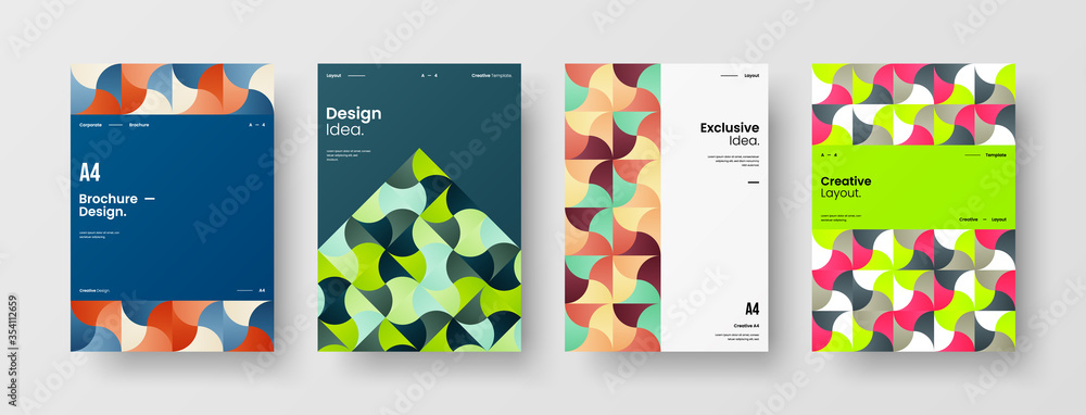 Fototapeta premium Company identity brochure template collection. Business presentation vector A4 vertical orientation front page mock up set. Corporate report cover abstract geometric illustration design layout bundle.