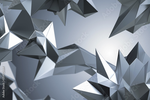 3d render, digital illustration, abstract futuristic geometric background, faceted silver metallic crystals