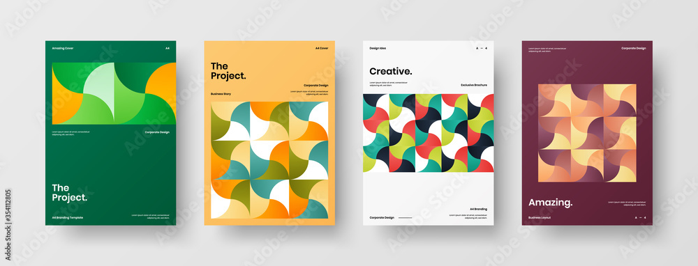 Obraz premium Company identity brochure template collection. Business presentation vector A4 vertical orientation front page mock up set. Corporate report cover abstract geometric illustration design layout bundle.