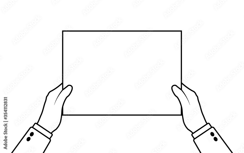 Businessman hands holding blank white sheet of paper. Empty space for text or object in the middle of graphic. Icon minimal line design. Vector illustration. Businessman hands holding blank white sheet of paper. Empty space for text or object in the middle of graphic. Icon minimal line design. Vector illustration.