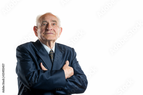 Portrait of 90 year serious handsome senior man portrait isolated on white background. Free space